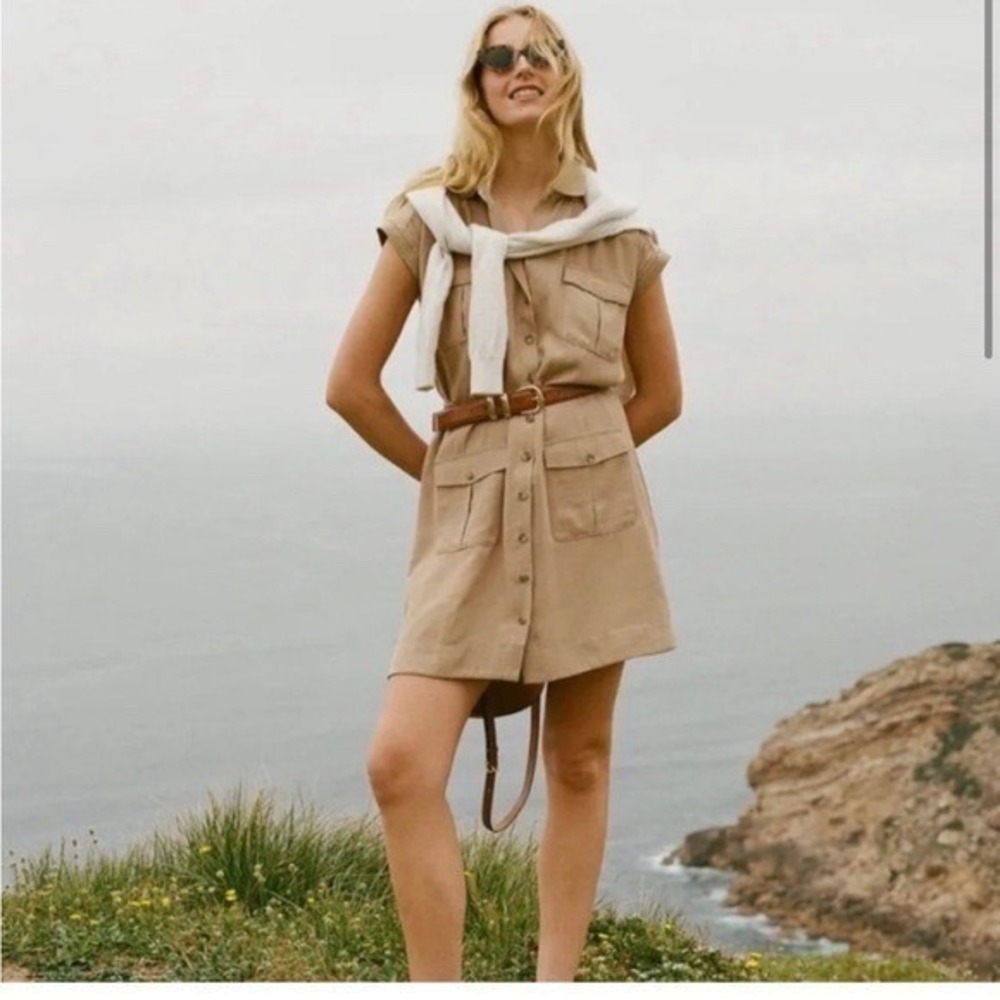 Tuckernuck Khaki Hugo Shirt Dress Mini Short Sleeve Utility Pockets Size L